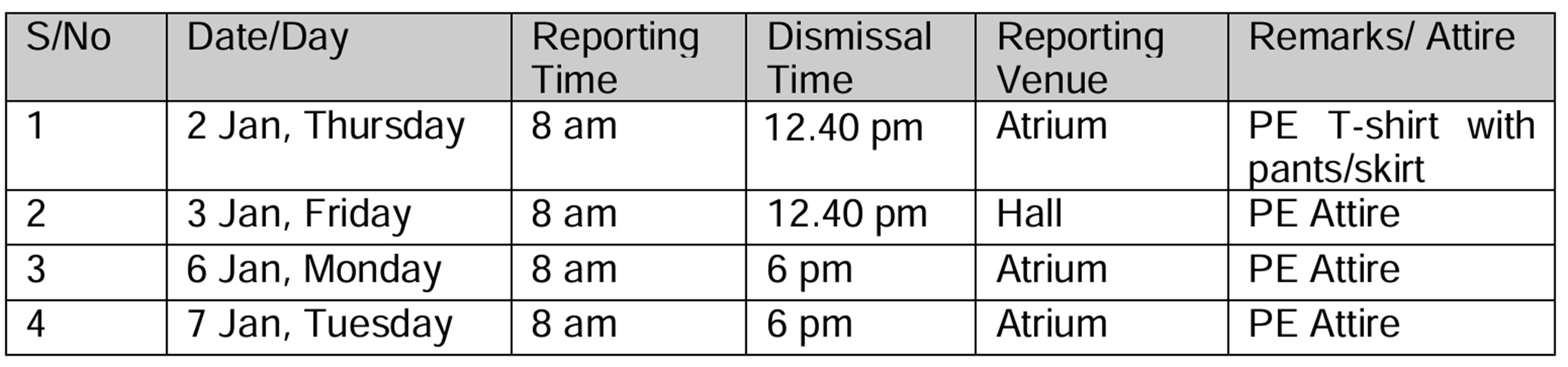 2025 Sec 1 Orientation Dismissal Time Table